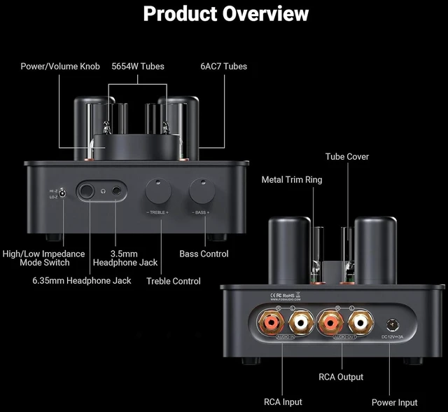 Alt view image 3 of 7 - Fosi Audio GR70 Tube Headphone Amp Preamp, Authentic Tube-Amplification with Vacuum 5654W*2 & 6AC7*2, Mini HiFi Preamplifier for Home Audio, 3.5mm & 6.35mm Jacks Supporting 16-300 ohms Impedance