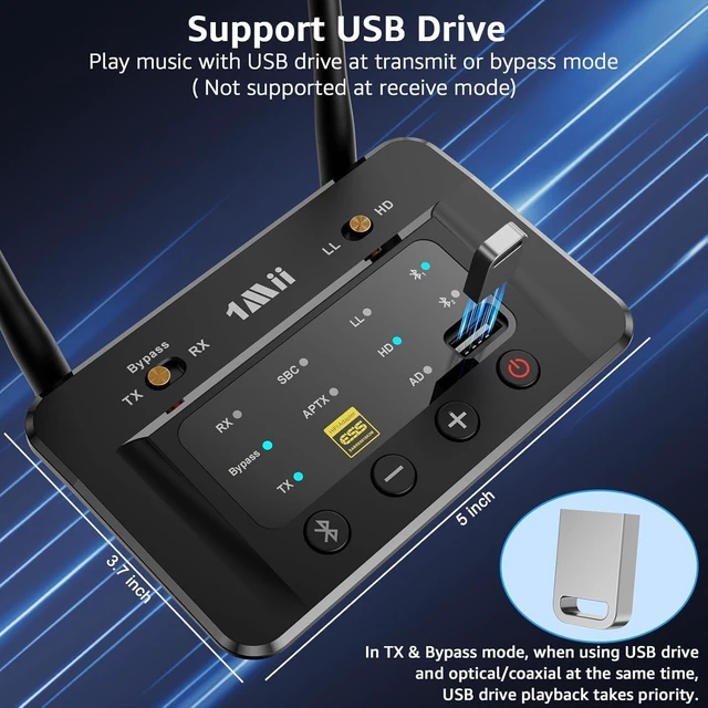 Alt view image 7 of 7 - Bluetooth 5.3 Transmitter Receiver for TV Home Stereo, Optical RCA AUX Wireless Audio Adapter w/Audiophile DAC, aptX Adaptive/LL/HD, Dual Link, Volume Control, Soundbar Passthrough