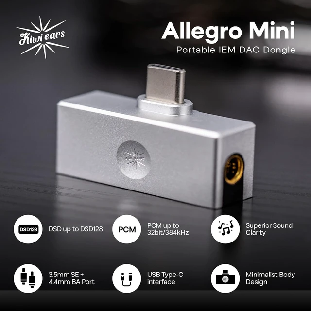 Alt view image 4 of 7 - Kiwi Ears Allegro Mini Portable IEM DAC, in Ear Monitor Amplifier USB C to 3.5/4.4mm Output, with Custom Chip, High Resolution 32bit/384kHz, HiFi Earbuds Amp for Phone/PC, Silver