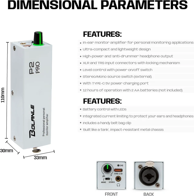 Alt view image 6 of 7 - USB-C Portable in-Ear Monitor Amplifier, 5V DC/AAA Battery , USB-C direct power or charges rechargeable AAA batteries inside; works with standard AAA too - White