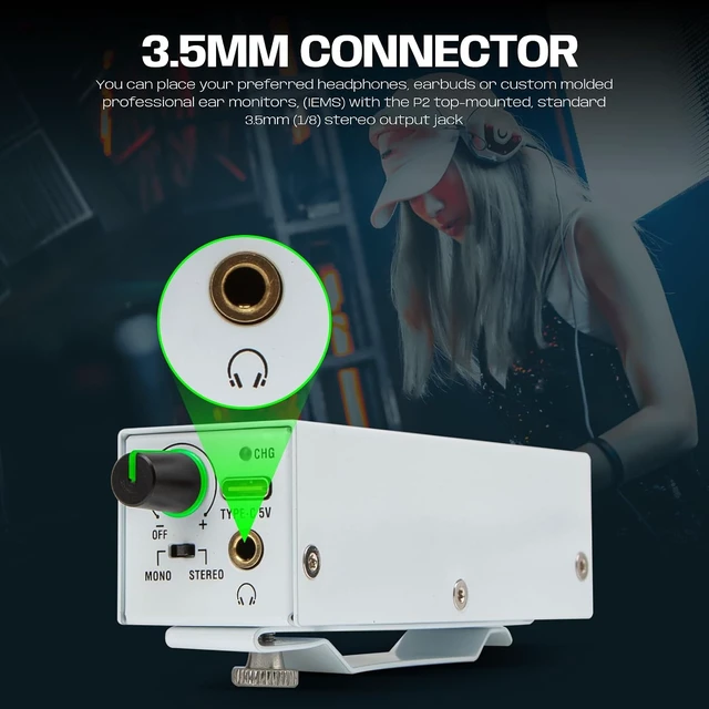 Alt view image 2 of 7 - USB-C Portable in-Ear Monitor Amplifier, 5V DC/AAA Battery , USB-C direct power or charges rechargeable AAA batteries inside; works with standard AAA too - White