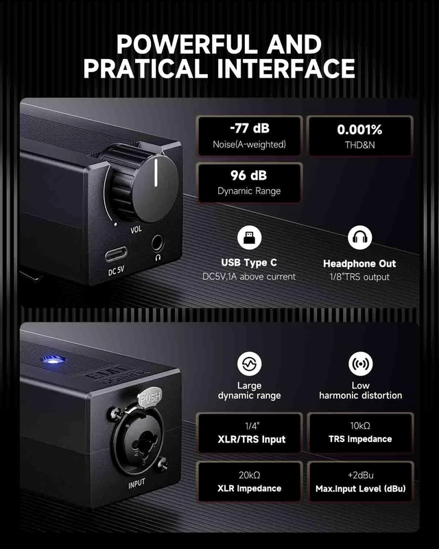 Alt view image 4 of 7 - Portable Analog Headphone Amplifier, Rechargeable in-Ear On-Ear Monitor Amplifier Stereo Headset Earphone Amp, with Volume Control, Audio Booster, XLR, TRS Input, 3.5mm Output Jack, Black