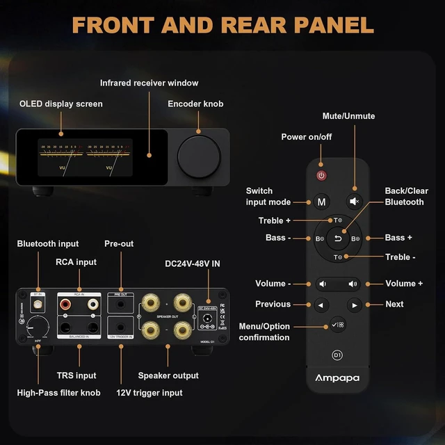 Alt view image 3 of 7 - 2 Channel Bluetooth Amp: HiFi 300W x2 Stereo Amplifier with BT 5.2 | HPF | Digital VU Meter | SUB Pre-Out | TRS Balanced Input | Tone Control & Remote for Home Theater Bookshelf Speakers (D1)