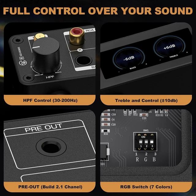 Alt view image 6 of 7 - 2 Channel Bluetooth Amp: HiFi 300W x2 Stereo Amplifier with BT 5.2 | HPF | Digital VU Meter | SUB Pre-Out | TRS Balanced Input | Tone Control & Remote for Home Theater Bookshelf Speakers (D1)