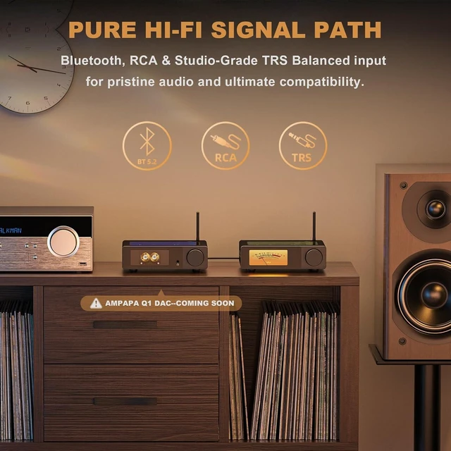 Alt view image 5 of 7 - 2 Channel Bluetooth Amp: HiFi 300W x2 Stereo Amplifier with BT 5.2 | HPF | Digital VU Meter | SUB Pre-Out | TRS Balanced Input | Tone Control & Remote for Home Theater Bookshelf Speakers (D1)