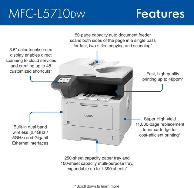 Alt view image 5 of 7 - Brother MFC-L5710DW Business Monochrome Laser All-in-One Printer with Wireless Networking and Duplex Print, Scan, and Copy, Works with Alexa