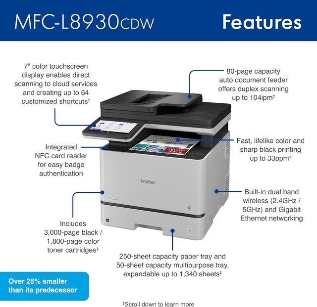 Alt view image 4 of 7 - Brother MFC-L8930CDW Business Color Laser All-in-One Printer with Duplex Print, Scan, Copy, Low-Cost Printing, and Advanced Security Features