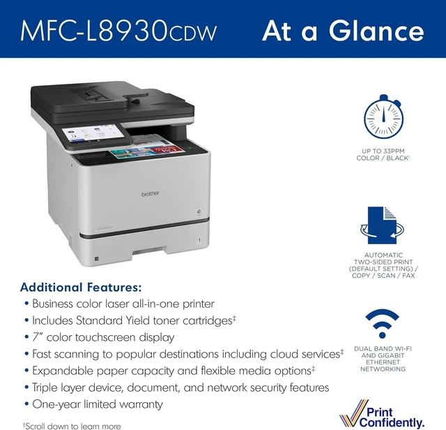 Alt view image 6 of 7 - Brother MFC-L8930CDW Business Color Laser All-in-One Printer with Duplex Print, Scan, Copy, Low-Cost Printing, and Advanced Security Features