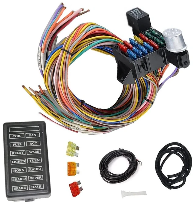 Main image of Wiring Harness 14 Circuit Universal, Circuit Wiring Harness Kit 14 Fuse for Street Muscle Car, Hot Rod Wire Harness 12-14 Circuit Street Rod