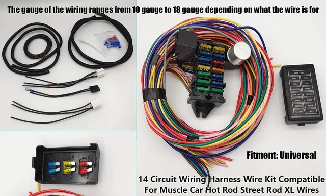 Alt view image 7 of 7 - Wiring Harness 14 Circuit Universal, Circuit Wiring Harness Kit 14 Fuse for Street Muscle Car, Hot Rod Wire Harness 12-14 Circuit Street Rod