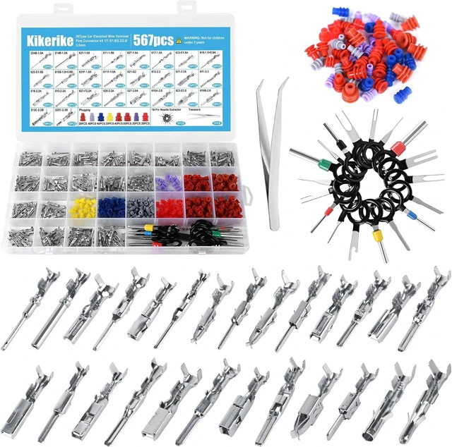 Main image of Connector Pins Kit 567Pcs 26 Types - 1/1.5/1.8/2.2/2.8/3.5mm Automotive Terminal Pin 22-12 Gauge Car Electrical Male & Female Wire Pins, Wire Seals, Repinning Kit
