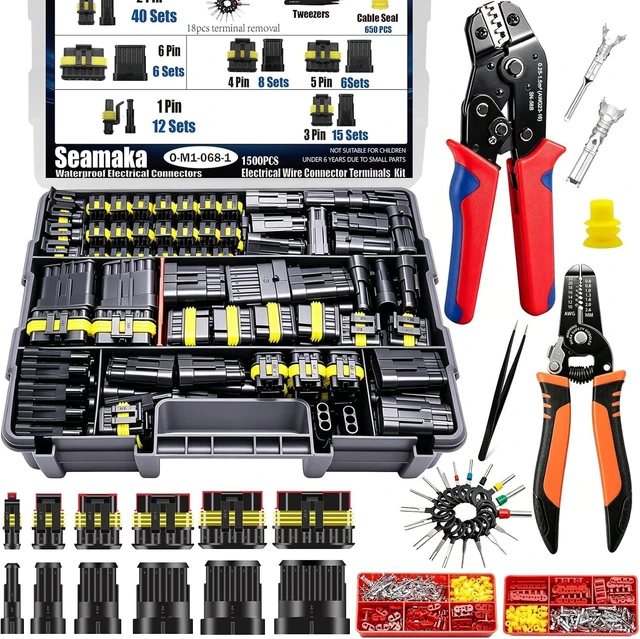Main image of 1500Pcs 89 Kits Waterproof Automotive Electrical Connectors 1/2/3/4/6 Male&Female Automotive Replacement Electrical Accessories 22-14AWG with Ratchet Crimping Tool and Wire stripper