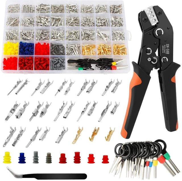 Main image of 970Pcs Electrical Terminal Connector Kit with Crimping Tool, 28 Series Male Female Pin Terminals,400 Waterproof Wire Seals,18 Terminal Removal Tools and and Angled Tweezers