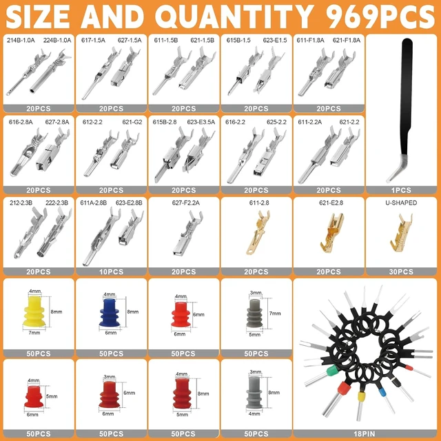 Alt view image 6 of 7 - 970Pcs Electrical Terminal Connector Kit with Crimping Tool, 28 Series Male Female Pin Terminals,400 Waterproof Wire Seals,18 Terminal Removal Tools and and Angled Tweezers