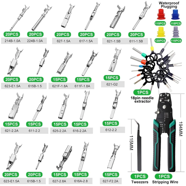 Alt view image 2 of 6 - 820PCS Pin Connector Kit with Crimping Pliers,Car Electrical Wire Terminal 21Type 1/1.5/1.8/2.2/2.3/2.8/3.5mm Auto Electric Connector Terminal Non-Insulated Plug Removal Male Female Crimp Pins