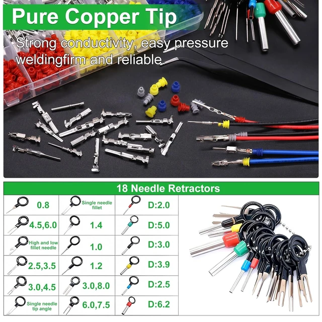 Alt view image 3 of 6 - 820PCS Pin Connector Kit with Crimping Pliers,Car Electrical Wire Terminal 21Type 1/1.5/1.8/2.2/2.3/2.8/3.5mm Auto Electric Connector Terminal Non-Insulated Plug Removal Male Female Crimp Pins