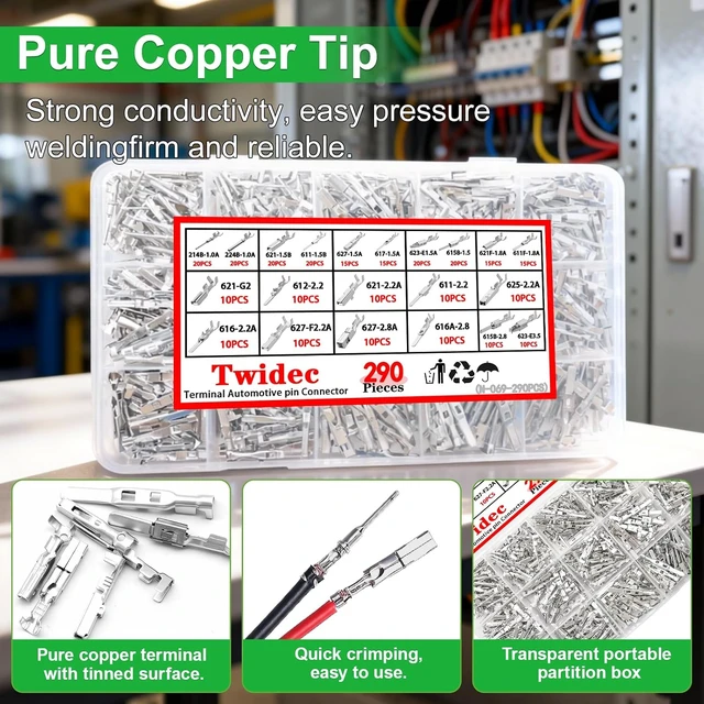 Alt view image 4 of 6 - 290PCS Car Electrical Wire Terminal Pins Connector 1/1.5/1.8/2.2/2.8/3.5mm 21Type Connector Pins Terminal Non-Insulated Plug Removal Male Female Crimp Pins With Wire Crimper Tool
