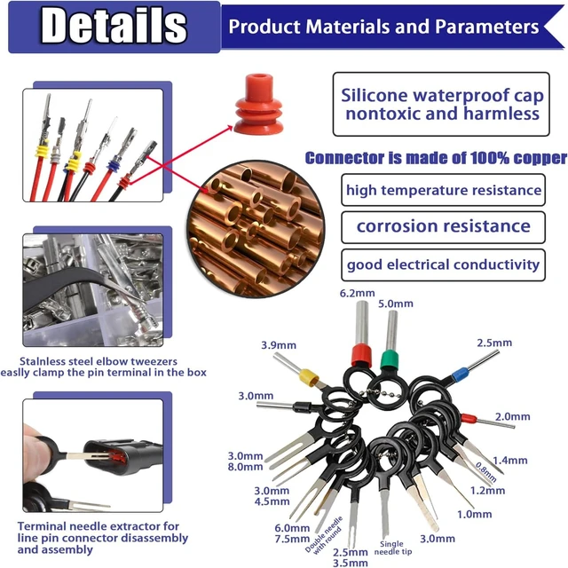Alt view image 3 of 7 - 950Pcs Pin Connector Terminal Kit Crimping Tool Automotive Set Car Electrical 1/1.5/1.8/2.2/2.3/2.5/2.8/3.5mm Male Female Wire Seal Removal Tool Non-Insulated Plug Crimper Crimp Motorcycle