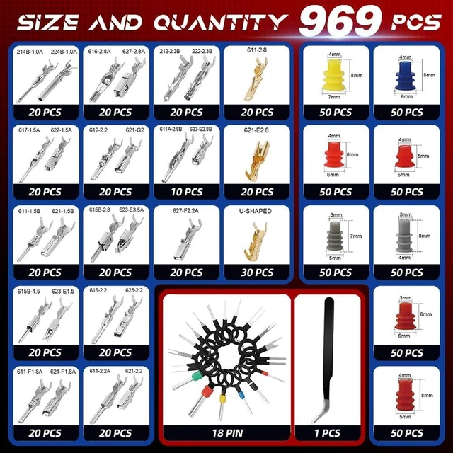 Alt view image 6 of 7 - 969Pcs Pins Connector Kit & 28 Types Electrical Terminal Pins Crimp Tool
Terminal Wire Harness Male&Female Wire Seals Crimp tools Set