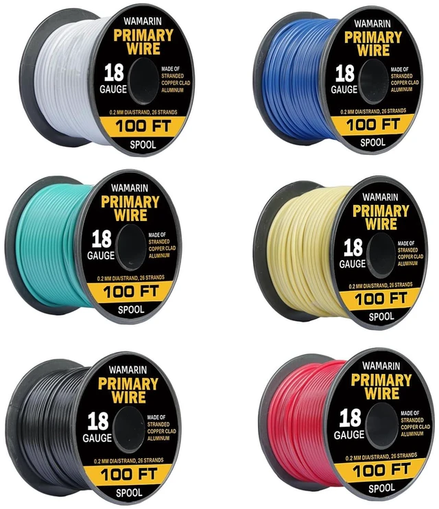 Main image of 18 Gauge Wire Combo, CCA, 6 Colors, 100ft Rolls (600ft Total) Durable Copper Clad Aluminium, Low Voltage Electric Wire, 18 AWG Wire, Ideal for Heavy-Duty Auto & Home Projects, Insulated