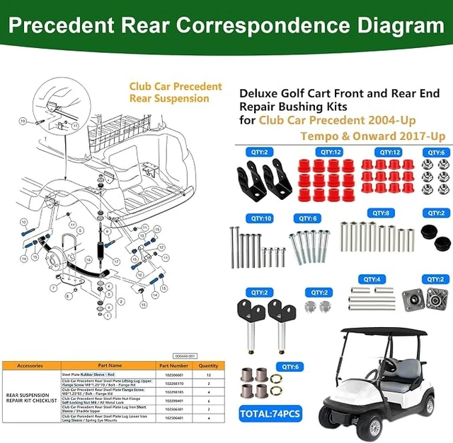 Alt view image 7 of 7 - Golf Cart Front End Repair Kit for Club Car Precedent Tempo Onward
Racing-Grade Polyurethane, Suspension Upgrade Seamless Steel Sleeve Screws, Reduce Noise, Deluxe Front & Rear Bushing Rebuild
