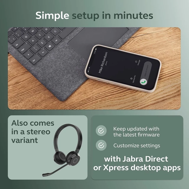 Alt view image 4 of 7 - Jabra Evolve 65 TE (Third Edition) Wireless Single-Ear Headphones w/Charging Stand - Noise-Canceling Mic, 16 hrs Battery Life, Dual Connectivity, MS Teams Certified, Supports Other Platforms, Black