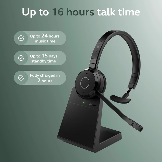 Alt view image 2 of 7 - Jabra Evolve 65 TE (Third Edition) Wireless Single-Ear Headphones w/Charging Stand - Noise-Canceling Mic, 16 hrs Battery Life, Dual Connectivity, MS Teams Certified, Supports Other Platforms, Black