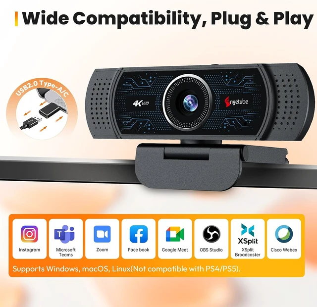 Alt view image 3 of 7 - 4K Webcam for PC w/Microphone, USB Web Cam Built-in Privacy Cover, PDAF Auto Focus, 1080p 60FPS, 12MP Sensor, USB-A/C, HD Computer Web Camera for Desktop Mac Laptop, Work w/ Meetings Streaming