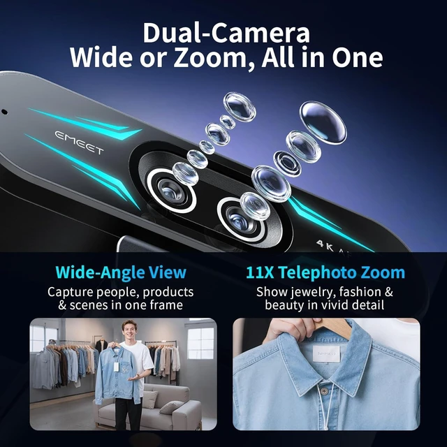Alt view image 7 of 7 - EMEET Dual-Camera 4K Webcam for Streaming, Wide-Angle & Telephoto, Max 11X Hybrid Zoom & PDAF Autofocus, Remote Control, RGB Lighting, 2 Mics, Ideal for Livestreaming and Online Meeting