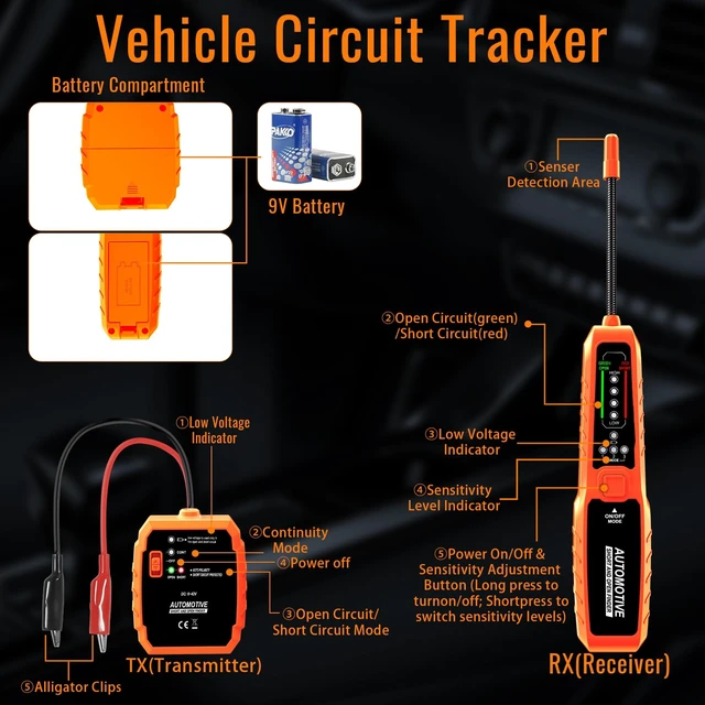 Alt view image 4 of 7 - Automotive Wire Tracer & Electrical Tester Open & Short Finder Tool, Circuit Breaker Tester, Fault Probe & Cable Tracker with Indicator Light DC 6-42V