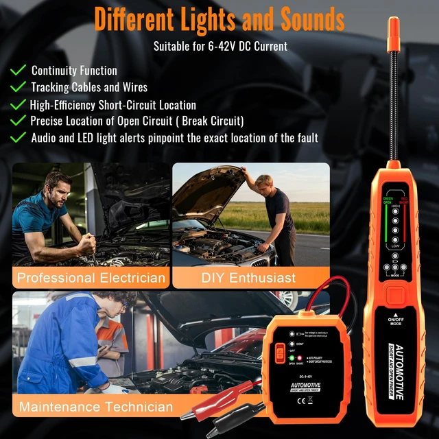 Alt view image 5 of 7 - Automotive Wire Tracer & Electrical Tester Open & Short Finder Tool, Circuit Breaker Tester, Fault Probe & Cable Tracker with Indicator Light DC 6-42V