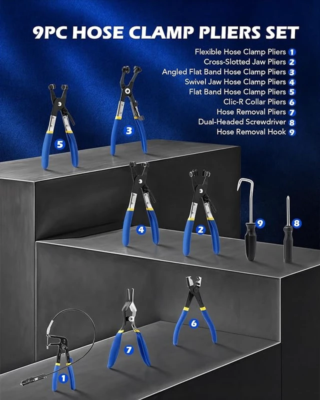 Alt view image 2 of 7 - OMT 9pcs Hose Clamp Pliers for Fuel Oil & Water Hoses
Automotive Long Reach Hose Clamp Remover Kit with Flexible Wire Clic R Type Swivel Jaw Flat Band Pliers Case, Blue