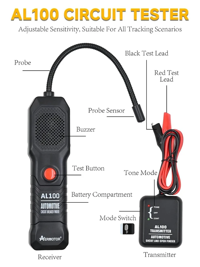 Alt view image 3 of 7 - AL100 Wire Tracer Electrical Automotive Short and Open Finder Solderstick Circuit Tester Break Finder Fault Probe Wire Detector Tool Electrical DC 6-42V Non Touch Wire Toner Tracer,Black