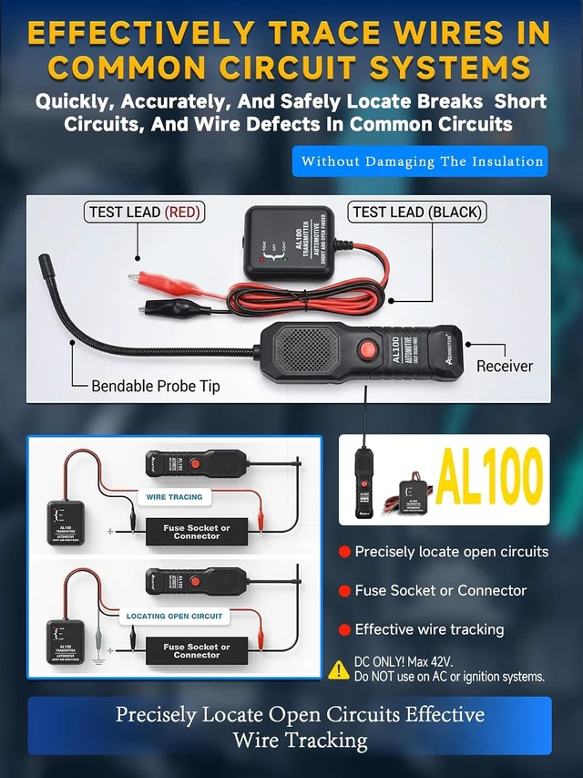 Alt view image 4 of 7 - AL100 Wire Tracer Electrical Automotive Short and Open Finder Solderstick Circuit Tester Break Finder Fault Probe Wire Detector Tool Electrical DC 6-42V Non Touch Wire Toner Tracer,Black