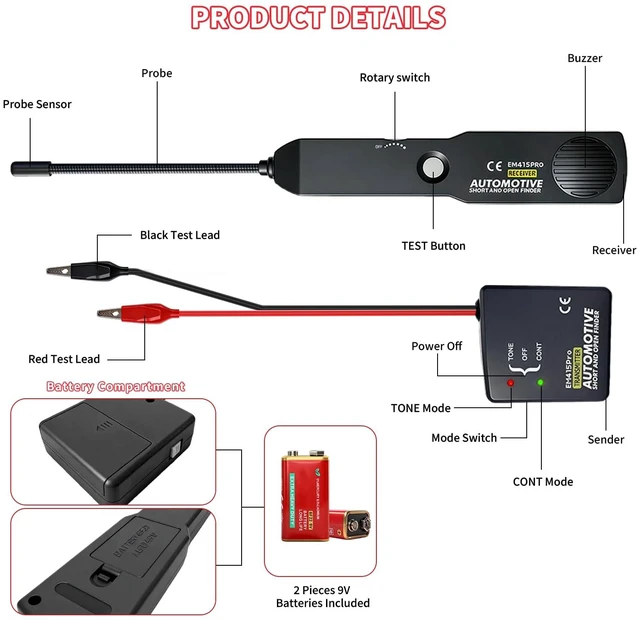 Alt view image 5 of 7 - Automotive Wire Tracer Electrical with Battery, EM415Pro Automotive Short & Open Finder Circuit Tester, DC 6-42V Fault Probe Cable Tracer, Circuit Breaker Finder for Car, Boat, Trailer etc