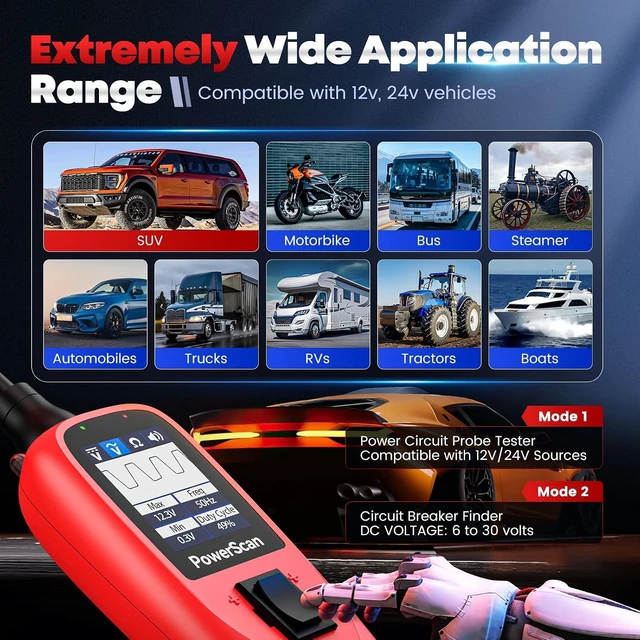Alt view image 5 of 7 - PowerScan Automotive Circuit Tester, 12-24V Power Circuit Probe Tool Electrical Short Open Breaker Finder, AC/DC Voltage Current Resistance Detection, Trailer Light Test, 20FT Extension Cord