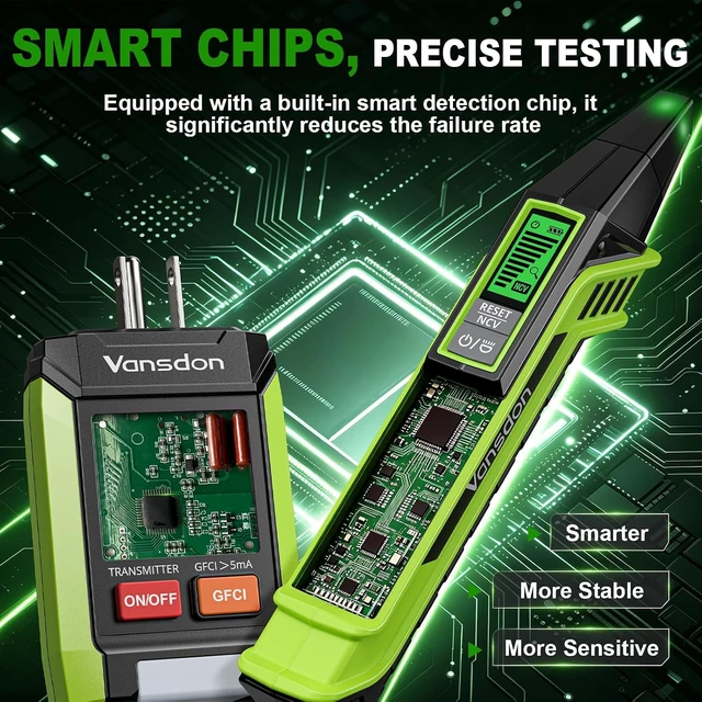 Alt view image 6 of 7 - Circuit Breaker Finder with LCD, GFCI Outlet Tester,Circuit Tracer Breaker Finder with NCV Test & Flashlight, Electrical Tester Includes Adapters and Carrying Case - Green