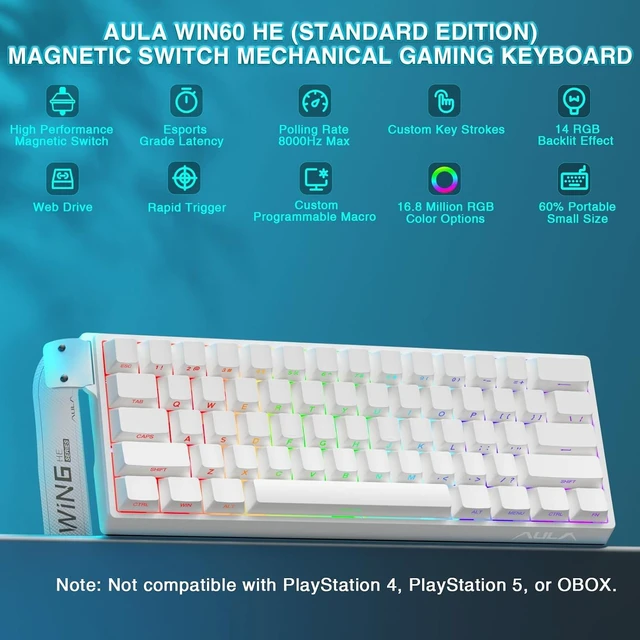 Alt view image 6 of 7 - Aula WIN60 HE - 60% Mechanical Gaming Keyboard Wired, Hall Effect Magnetic Switch Hot Swappable, Adjustable Actuation RT Mode, 8000 Hz Polling Rate, RGB Keyboard 60 Percent Compact Design for PC