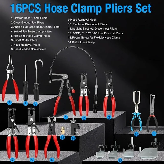 Alt view image 2 of 7 - 16PCS Hose Clamp Pliers Set, Automotive Hose Clamp Removal Tool, Long Reach Flexible Wire Tools for Radiator, Heater, Coolant & Water Hoses