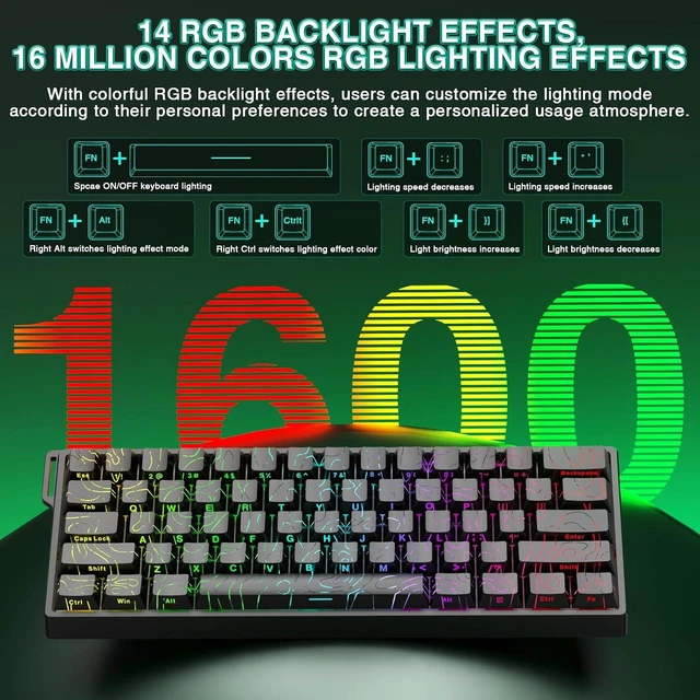 Alt view image 4 of 7 - 60% Mechanical Gaming Keyboard Wired, Hall Effect Magnetic Switch Hot Swappable, Adjustable Actuation RT Mode, 8000 Hz Polling Rate, RGB Keyboard 60 Percent Compact Design for PC - Line Design Black