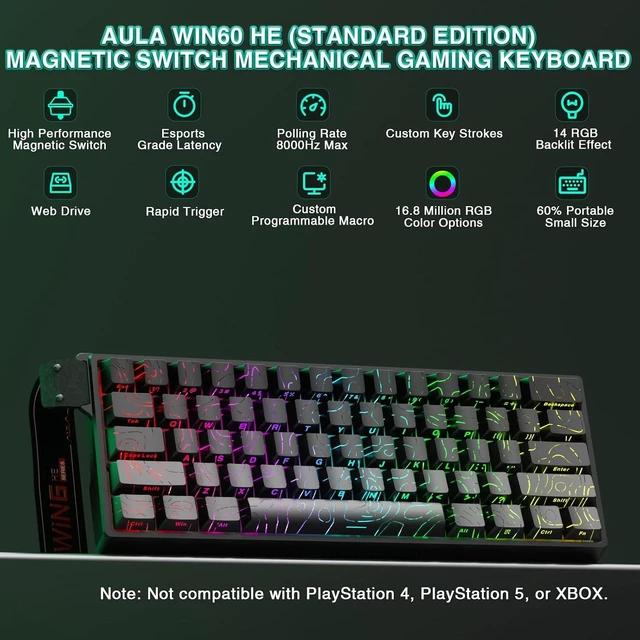 Alt view image 6 of 7 - 60% Mechanical Gaming Keyboard Wired, Hall Effect Magnetic Switch Hot Swappable, Adjustable Actuation RT Mode, 8000 Hz Polling Rate, RGB Keyboard 60 Percent Compact Design for PC - Line Design Black