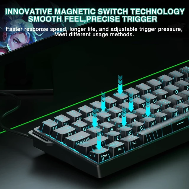 Alt view image 2 of 7 - 60% Mechanical Gaming Keyboard Wired, Hall Effect Magnetic Switch Hot Swappable, Adjustable Actuation RT Mode, 8000 Hz Polling Rate, RGB Keyboard 60 Percent Compact Design for PC - Line Design Black