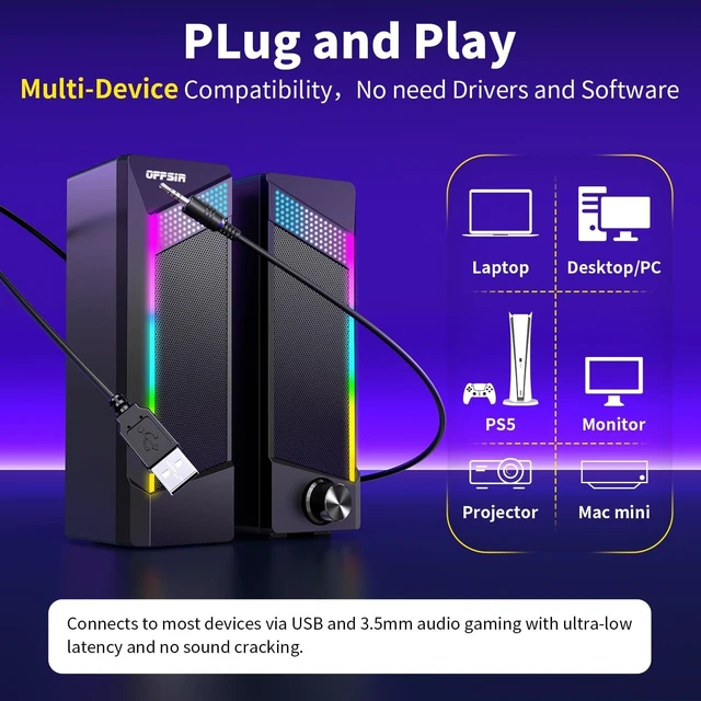 Alt view image 3 of 7 - Computer Speakers, 2 in 1 PC Speaker , Gaming Speakers for PC Computer Laptop Desktop Monitor, RGB Speakers with Touch Sensitive Lighting, USB Powered 3.5mm Aux(Package Only Two Speaker, No Soundbar)