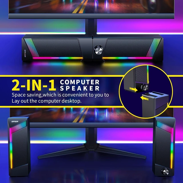 Alt view image 2 of 7 - Computer Speakers, 2 in 1 PC Speaker , Gaming Speakers for PC Computer Laptop Desktop Monitor, RGB Speakers with Touch Sensitive Lighting, USB Powered 3.5mm Aux(Package Only Two Speaker, No Soundbar)