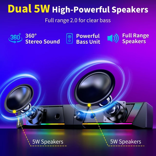 Alt view image 5 of 7 - Computer Speakers, 2 in 1 PC Speaker , Gaming Speakers for PC Computer Laptop Desktop Monitor, RGB Speakers with Touch Sensitive Lighting, USB Powered 3.5mm Aux(Package Only Two Speaker, No Soundbar)