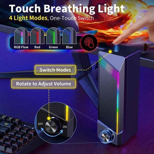 Alt view image 7 of 7 - Computer Speakers, 2 in 1 PC Speaker , Gaming Speakers for PC Computer Laptop Desktop Monitor, RGB Speakers with Touch Sensitive Lighting, USB Powered 3.5mm Aux(Package Only Two Speaker, No Soundbar)