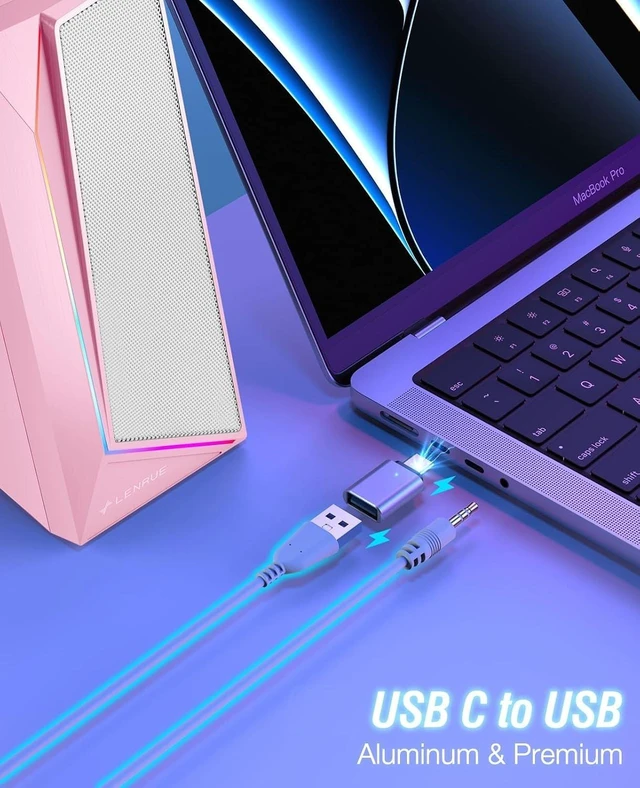 Alt view image 3 of 6 - Computer Speakers, USB/USB-C Powered AUX Audio for PC Speakers with Loud Stereo Sound, Headphone-in, Touch Lights for Desktop, Computer, Laptop, Desk(USB-C to USB Adapter Included,Light Pink