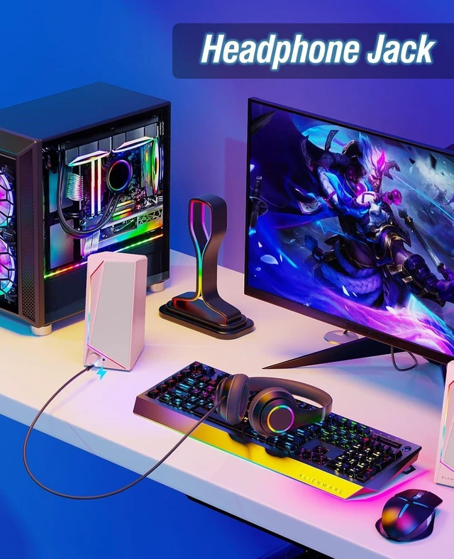 Alt view image 4 of 6 - Computer Speakers, USB/USB-C Powered AUX Audio for PC Speakers with Loud Stereo Sound, Headphone-in, Touch Lights for Desktop, Computer, Laptop, Desk(USB-C to USB Adapter Included,Light Pink