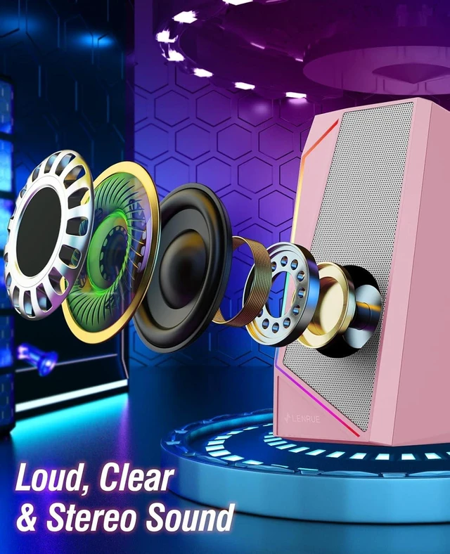 Alt view image 6 of 6 - Computer Speakers, USB/USB-C Powered AUX Audio for PC Speakers with Loud Stereo Sound, Headphone-in, Touch Lights for Desktop, Computer, Laptop, Desk(USB-C to USB Adapter Included,Light Pink