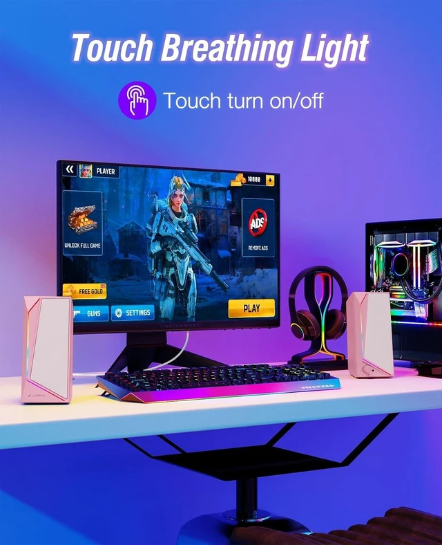 Alt view image 2 of 6 - Computer Speakers, USB/USB-C Powered AUX Audio for PC Speakers with Loud Stereo Sound, Headphone-in, Touch Lights for Desktop, Computer, Laptop, Desk(USB-C to USB Adapter Included,Light Pink